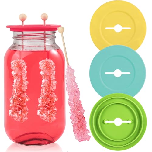 Koluti DIY Rock Candy Sticks Silicone Mason Jar Lid 4 Pieces Swizzle Sugar Stick Holder with Hole Reusable Multi Colored 3.4 Round Dust-proof Covers BPA Free