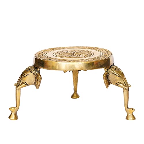 Image of eCraftIndia Golden Brass Chowki with Elephant Design Legs | Decorative Traditional Chowki for Idols & Rituals, Home Temple Gift Housewarming Birthday