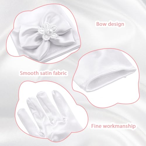 First Communion Gloves for Girls White Princess Gloves with Bow 3-12 Years Stretch Satin Dress Princess Glove for Tea Party Wedding Gorgeous Formal Pageant Birthday Party3