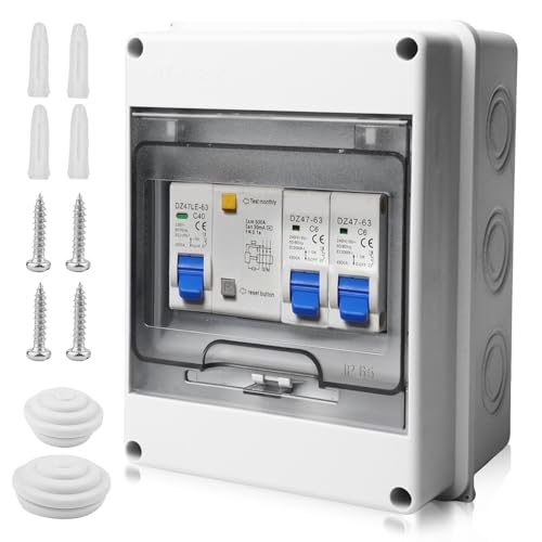 SPORWAY 2 Way Consumer Unit Circuit Breaker: IP65 Leakage Circuit Breaker with 40A 30mA RCD and Two 6A+16A MCBs, Waterproof Distribution Box, for Garages Caravans Workshops (110x150x90mm)