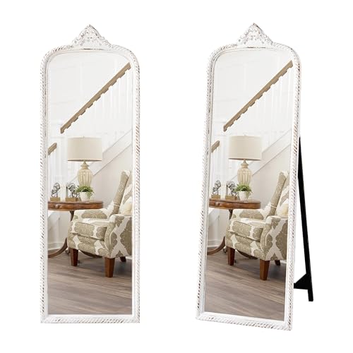 Sintosin Vintage Large Arched Standing Mirror Full Length 60 Inch, Distressed White Rustic Floor & Full Length Mirrors, Wood Frame Arendahl Dressing Mirror for Living Room Bedroom