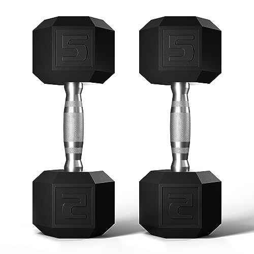Image of GRETERST Hex Dumbbells Set Rubber Coated Hand Weights Exercise & Fitness for Home Gym Workouts Weight Strength Training, Set of 2, Black, 5LB