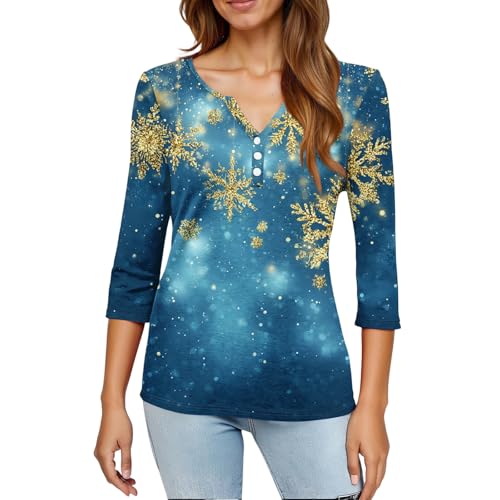 Image of Women Christmas Shirt 3 /4 Length Sleeve Henley Tops Xmas Outfits