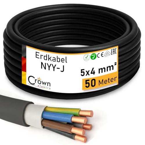NYY-J 5x4mm Erdkabel 50m - Elektrokabel Ring für Verlegung im Erdreich & Außenbereich | Kupfer Volldraht | DIN VDE 0276 Teil 603/627 | Deutsche Markenhersteller
