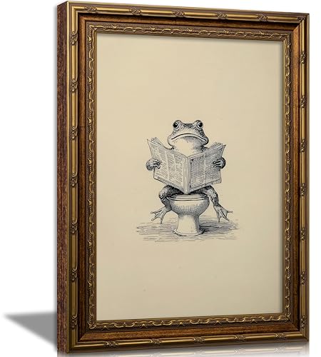 Vintage Gold Framed Funny Animal Bathroom Wall Art, Frog on the Toilet Reading Newspaper Wall Decor,...