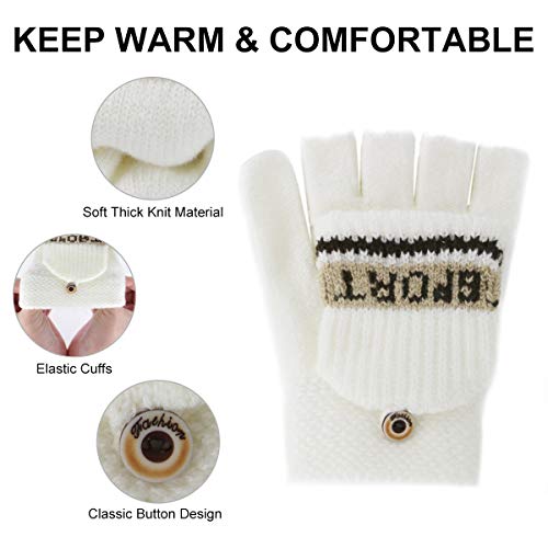 ORVINNER 2 Pairs Kids Winter Gloves Boys Convertible Fingerless Toddler Gloves, Children Warm Thicken Knit Gloves Baby Mittens (White/Gray-Green, 3-10 Years)