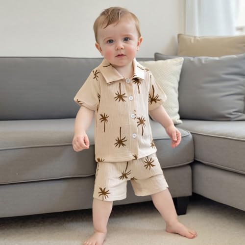 Image of Thorn Tree Toddler Boy Summer Clothes Button Down Shirt & Shorts 2Pcs Tree Printed Casual Beach Outfits