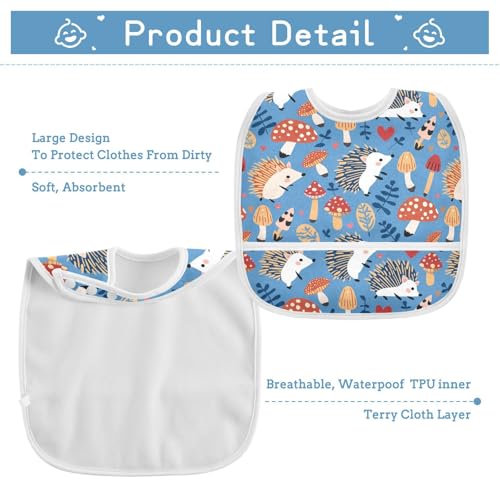 Mushroom Hedgehog Baby Bibs for tag1 Waterproof Feeding Bib Apron with Food Cather Adjustable Cotton Food Eating Bib 2 Pack3