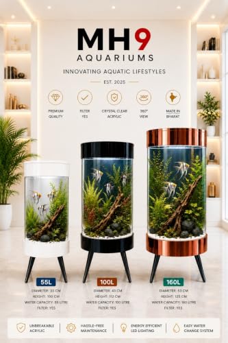 Image of MH9 150 Litre Large Smart Cylindrical Aquarium-Powerful Filter,Dual LED,Oxygen Bubble System,Water Drainage System,Switch Control,Digital Temp. Display,SS Leg Stand (52x52x124cm) Deep Black