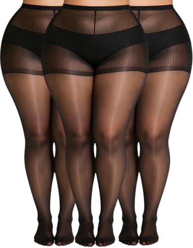 Image of MERYLURE Plus Size Sheer Tights for Women,20D Control Top Pantyhose Reinforced Toes High Waist Stockings 3 Pairs 1XL-6XL