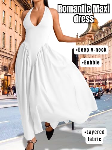 Image of ChiaoLezhee Deep V Neck Dress, Halter Maxi Dresses, Vacation Date Night, Sexy for Women Corset Flowy Wedding Guest Drop Waist