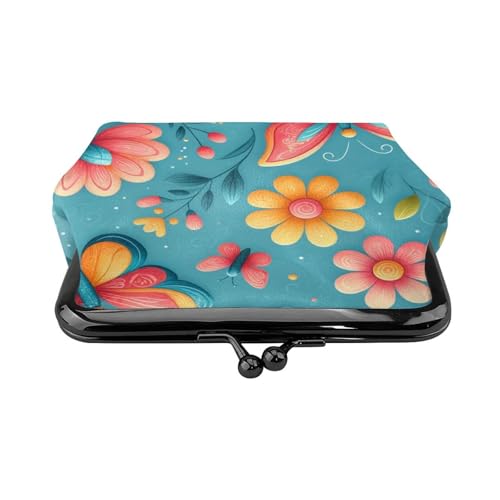 Pu Leather Buckle Coin Purse Butterflies-Flowers-Blue Girls Kiss-Lock Change Purse Wallets2