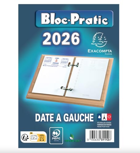 1 Bloc recharge pour éphéméride, Bloc-Pratic 2026, Date à gauche, 8,2 x 12 cm, Bleu, sans Socle - Exacompta