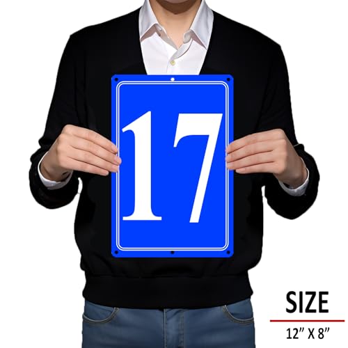 Image of Premium Aluminum Number Signs 17, Metal 12 inch X 8 inch Blue Numbered Signs Outdoor for Parking Lots, Floor, Dock, Court, Aisle, Field, High Visibility, No Fade, Weather-resistant