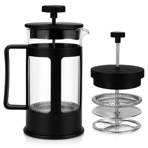 French Press Coffee & Tea Maker 350ml | Heat‑Resistant Borosilicate Glass | 3‑Level Stainless Steel Filtration | Smooth Grit‑Free Brew | Durable...
