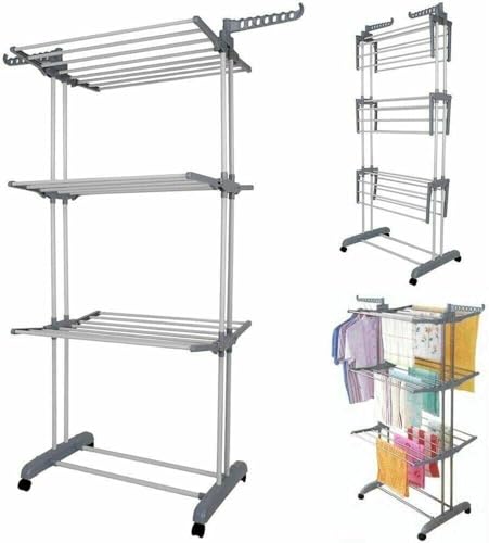 HomeVibe 4-Tier Clothes Drying Rack, Foldable Laundry Airer Hanger with 24m Drying Space, Adjustable Large Clothes Racks for Indoor & Outdoor Use, Compact & Durable Design - Grey