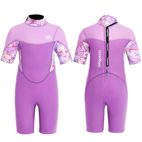 Gogokids Traje de Neopreno Corto para Niños, 2.5mm para Niños Pequeños, Trajes de Agua Cortos con Cremallera Trasera Calidez, Traje de Neopreno UV para Natación, Snorkel y Surf, 5-6 años Niñas, Morado