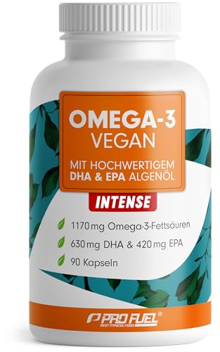 Omega-3 vegan INTENSE - 90 Kapseln - 2000 mg Algenöl pro Tag - hochdosiert mit 630mg DHA + 420 mg EPA - vegane Omega-3 Algenöl Kapseln - DHA:EPA Verhältnis 3:2 - laborgeprüft mit Analyse-Zertifikat