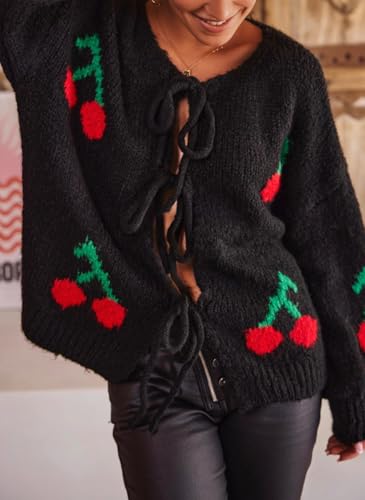 Image of chouyatou Women's Cute Y2K Cherry Tie Knot Cardigan Casual Loose Crewneck Chunky Knit Sweater Cardigan