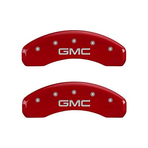 MGP Pinza de freno Covers (34208sgmcrd) "GMC grabado delantero y trasero Pinza de freno cover con acabado con recubrimiento de polvo de color rojo y plata caracteres, (Set de 4) Cover