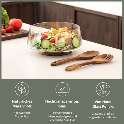 muso wood Salatschüssel Set - Groß Glas Salatschüssel mit Salatbesteck und Untersatz aus Akazienholz - Vielseitige Servierschüssel für Salat, Obst, Kartoffelsalat, Snacks und Familienessen, Partys