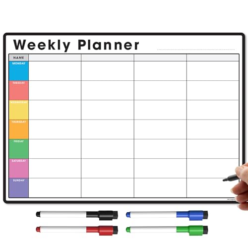 TMS Magnetic Weekly Planner and Organiser A3 | Customisable Whiteboard for Family or Business Tasks and Meal Planning | with 4 Free Magnetic Dry Wipe Pen (Multi-Coloured Style 2, A3)