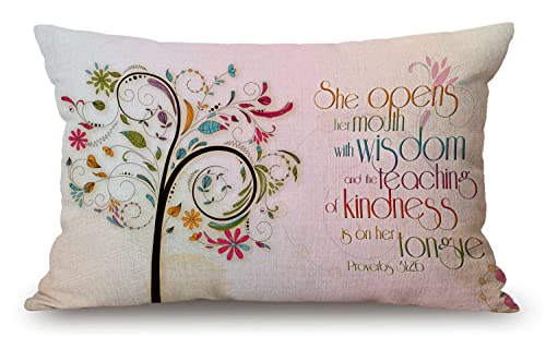 Inspirational Christian Bible Verse Proberbs Quotes Farmhouse Oblong Rectangle Decorative Throw Pillow Case,12x20 inch, She Opens Her Mouth with Wisdom and The Teaching of Kindness is on Her Tongue