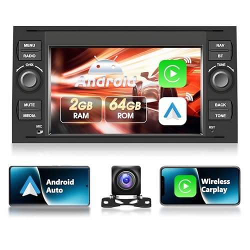 Autorradio Podofo para Ford Focus/C-MAX/S-MAX/Galaxy/Fusion/Fiesta/Mondeo/Kuga/Transit Connect con Carplay y Android Auto, 2 GB + 64 GB, Bluetooth, WiFi, GPS y Cámara de Marcha Atrás AHD, Color Negro