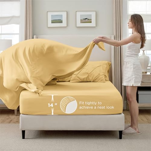 Image of Bedsure Queen Comforter Set Yellow - Bed in a Bag Queen 7 Pieces, Pintuck Bedding Sets Gift for Christmas, Pinch Pleat Bed Set with Queen Size Comforter, Sheets, Pillowcases & Shams