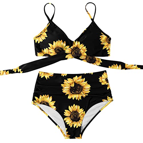 Ensemble bikini fleuri noir à imprimé croisé et taille haute avec cordon réglable - 2