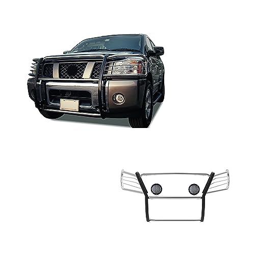 Image of Black Horse Grille brush Bumper Guard Modular Stainless Steel Come with Pair of 5.3 inchLED Light with Black Trim Ring Compatible with 2005-2015 Armada|2004-2015 Titan Crew Cab & King Cab-17NR26MSS-PLFB