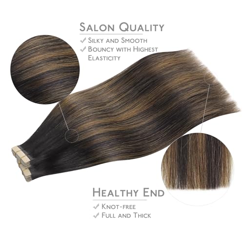 Image of WENNALIFE Tape in Hair Extensions Human Hair, 40pcs 100g 16 inch Balayage Natural Black to Chestnut Brown Hair Extensions Real Human Hair Straight Tape in Extensions Invisible Human Hair Extensions