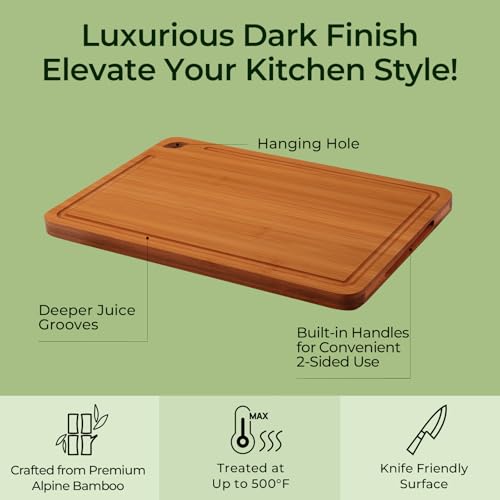 Image of Keechee Carbonized Bamboo Cutting Board Set of 4, Kitchen Prep Boards | Non Toxic, Resisted-Cracking&Curling, Deep Juice Groove, Side Handles,Cross-Laminated Structure, Knife-Friendly