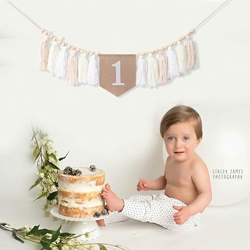 Image of 1st Birthday High Chair Banner - White Tassel Theme Banner For Girl - First Birthday Party Banner - White Fringe Wood Bead High Chair Wreath- Wall Hangings Decorative for Kids Bedroom Nursery Party Holiday Classroom Decoration (white)