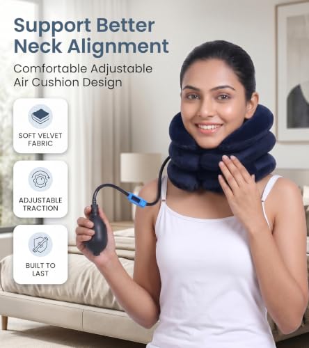 Image of Dimore Inflatable Neck Brace Pillow Cervical Neck Traction Device Adjustable Stretcher,Ideal for Spine Alignment and Chronic Neck Pain Relief. (Blue)