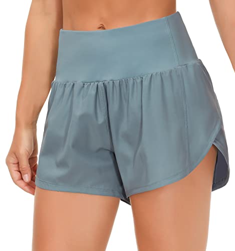 Dragon Fit Womens High Waisted Running Shorts Quick Dry Athletic Workout Shorts With Mesh Liner Zipper Pockets (Small, Denim Blue) #TOP1