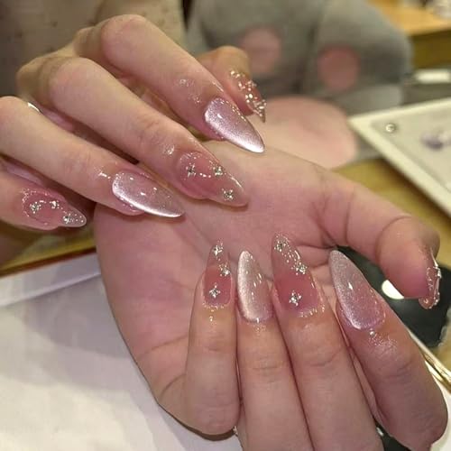 Mivota Nude Pink Cat Eye Press On Nails Almond Medium Glossy Milky Pink Fake Nails with Star Rhinestone Design Glitter Acrylic Stick On Nails Elegant Reusable Nails for Women Daily Date Wedding