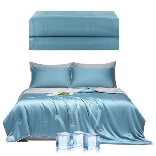 Image of HASTHIP Cooling Duvet Quilt for Double Bed King Size - 200x230cm Cooling Bedding Set Quilt AC Blanket for Double Size Bed Reversible Super Soft Microfiber Blanket - Grey & Blue