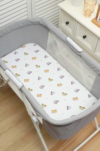 Image of Onacosht Muslin Bassinet Sheets 3 Pack for Baby Boy, Dinosaur Car &Blue | Skin-friendly, 100% Cotton Bassinet Fitted Sheets, 33 inch X 17 inch, Universal Size for Standard Oval & Rectangle Bassinet Mattress