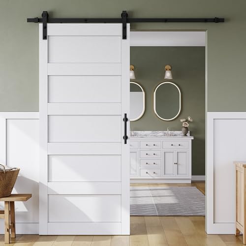 SmartStandard 36in x 84in Sliding Barn Door with 6.6FT Barn Door Hardware Track Kit & Handle, Waterproof PVC Surface, Pre-Drilled Holes Easy to Assemble, Solid, MDF, White, 5-Panel