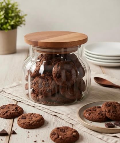 Image of SUANI Air Tight Bubble Glass Jar Container with Wooden Lid for Home and Kitchen | Odor Free Storage Jar | Jars For Cookies, Namkeen, Dry Fruits and Kitchen Storage, (500Ml) (Pack Of 1)