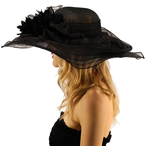 Victorian Layered Sinamay Floral Feathers Derby Floppy Wide 7"+ Dress Hat Black - Thumbnail 3