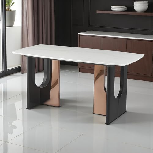 Image of The Attic Contemporary Pedestal Dining Table | White Faux Marble Top & Dual-Tone Black /Rose Gold Base | Rectangular 6 Seater Dining Table for Modern Homes