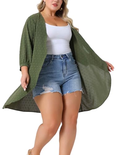 Image of Agnes Orinda Plus Size Cardigan for Women Open Front 3 /4 Sleeve Swiss Dots Lightweight Casual Cover Up