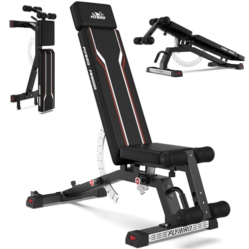 FLYBIRD Weight Bench, Adjustable Workout Bench with Detachable Headrest and Leg Support, Vertical Storage Space-Saving Exercise Bench for Home Gym- FB3000