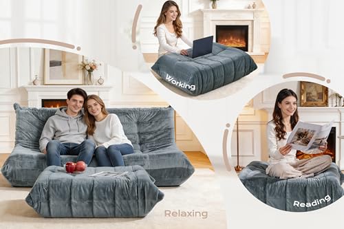 Image of Bean Bag Pouf Ottoman, Foot Stool, Foot Rest with Memory Foam Filled, Rectangle Ottoman for Living Room, Bedroom, Office (Grey Plush)