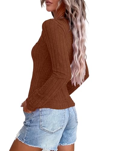 Image of KINLONSAIR Women's Long Sleeve Henley T Shirts Button Down Slim Fit Tops Scoop Neck Ribbed Knit Shirts