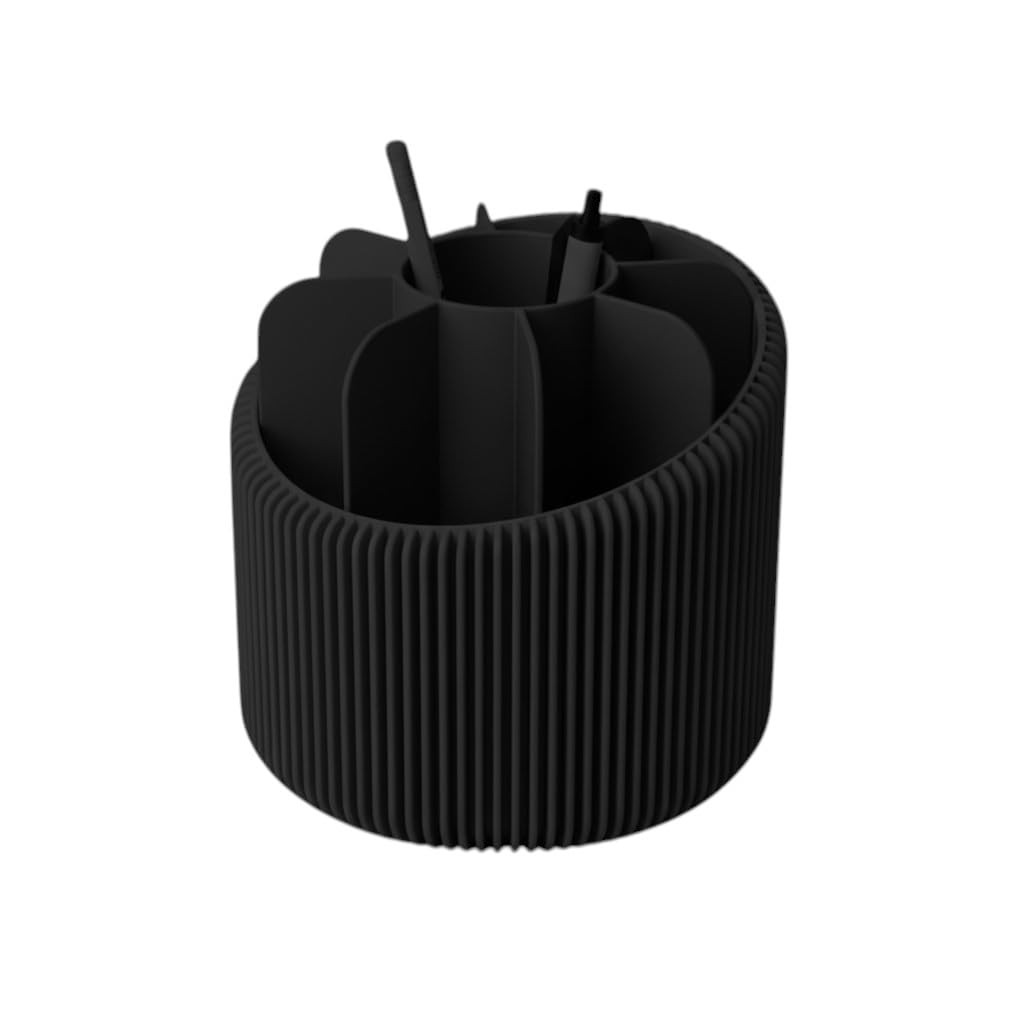 Ribbed Round Desk Pen Pot Stationary Organiser, Multi-Compartment, Modern Designer Style (Black)