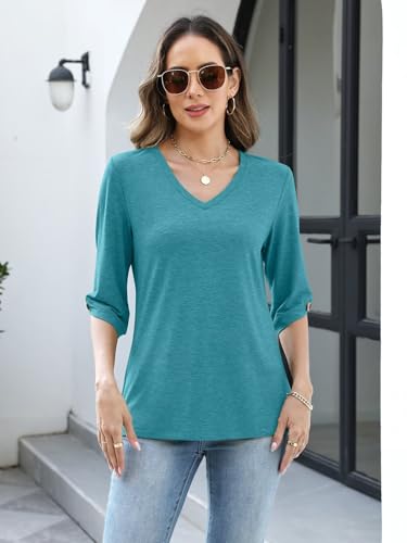 Image of TICTICMIMI Womens Tops 3 /4 Length Sleeve V Neck Casual Trendy Button Tunic Tops Summer Basic T-Shirts Loose Fit Pullover