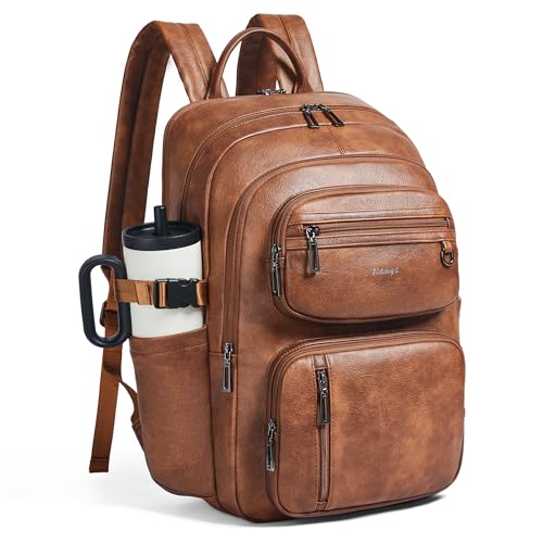 tiamyi Vegan Leather Backpack TSA Travel Backpack for Men and Women Fits 17.0 Inch Laptop with Luggage Strap Brown